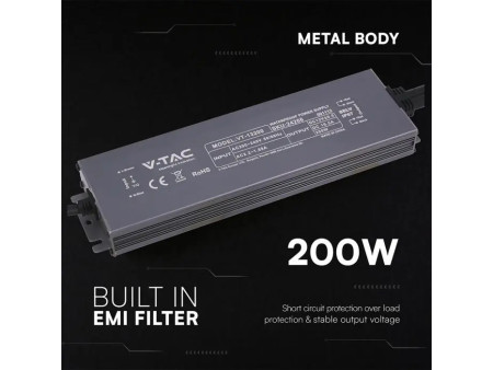 SKU 24266 VT-13200 V-TAC Alimentatore LED in Metallo 200W 12V 16.5A con 1 Uscita 244x65x25mm IP67
