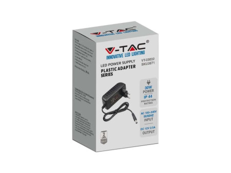 SKU 2671 VT-23032 V-TAC Alimentatore in Plastica 30W 12V 2.5A Plug and Play con Jack 2.1 Colore Nero Cavo da 1.2m IP44