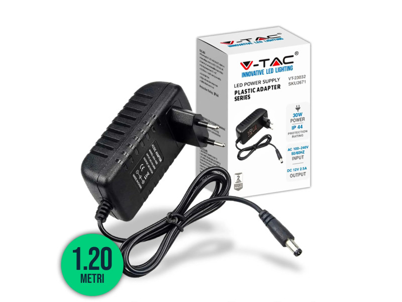 SKU 2671 VT-23032 V-TAC Alimentatore in Plastica 30W 12V 2.5A Plug and Play con Jack 2.1 Colore Nero Cavo da 1.2m IP44