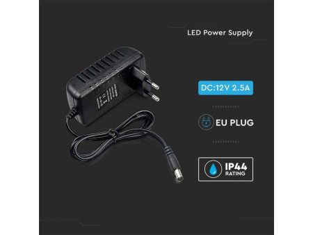SKU 2671 VT-23032 V-TAC Alimentatore in Plastica 30W 12V 2.5A Plug and Play con Jack 2.1 Colore Nero Cavo da 1.2m IP44