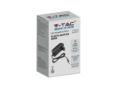SKU 2672 VT-23044 V-TAC Alimentatore in Plastica 42W 12V 3.5A Plug and Play con Jack 2.1 Colore Nero Cavo da 1.2m IP44