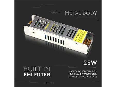 SKU 3228 VT-20026 V-TAC Alimentatore Slim in Metallo 25W 12V 2.1A con 1 Uscita 140x33x27mm IP20