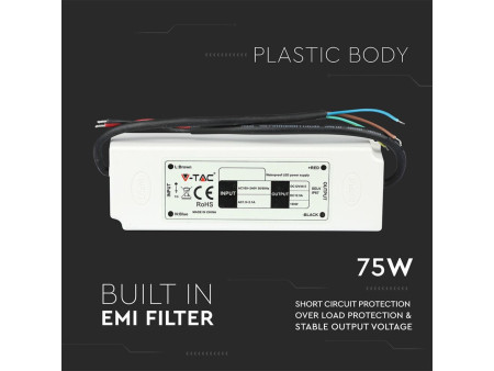 SKU 3235 VT-22075 V-TAC Alimentatore in Plastica 75W 12V 6A con 1 Uscita e Cavi a Saldare Colore Bianco 166x43x33mm IP67