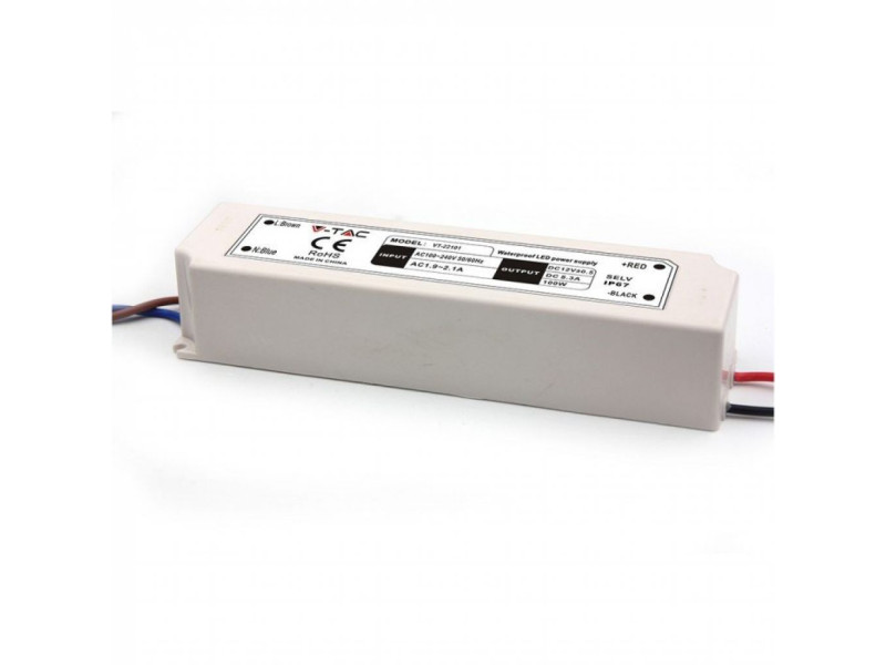 SKU 3236 VT-22101 V-TAC Alimentatore in Plastica 100W 12V 8.5A con 1 Uscita e Cavi a Saldare Colore Bianco 192x52x37mm IP65