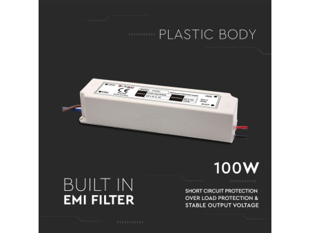 SKU 3236 VT-22101 V-TAC Alimentatore in Plastica 100W 12V 8.5A con 1 Uscita e Cavi a Saldare Colore Bianco 192x52x37mm IP65