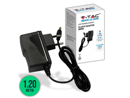 SKU 3237 VT-23019 V-TAC Alimentatore in Plastica 18W 12V 1.5A Plug and Play con Jack 2.1 Colore Nero Cavo da 1.2m IP44
