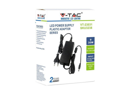 SKU 3238 VT-23031 V-TAC Alimentatore per Strip LED 30W 12V 2.5A Plug and Play con Jack 2.1 e Cavo 2.4m con Spina, Protezione EMI