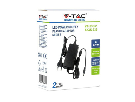 SKU 3239 VT-23061 V-TAC Alimentatore per Strip LED 60W 12V 5A Plug and Play con Jack 2.1 e Cavo 2.4m con Spina, Protezione EMI