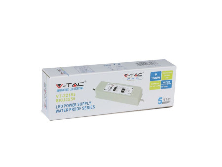SKU 3250 VT-22155 V-TAC Alimentatore in Plastica 150W 12V 12.5A con 1 Uscita e Cavi a Saldare Colore Bianco 192x62x38mm IP67