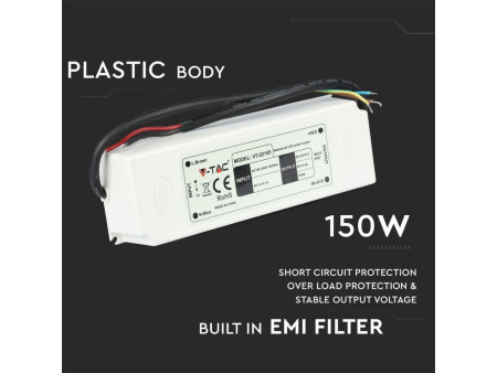 SKU 3250 VT-22155 V-TAC Alimentatore in Plastica 150W 12V 12.5A con 1 Uscita e Cavi a Saldare Colore Bianco 192x62x38mm IP67