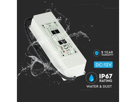 SKU 3251 VT-22105 V-TAC Alimentatore in Plastica 100W 12V 8A con 1 Uscita e Cavi a Saldare Colore Bianco 166x43x33mm IP67