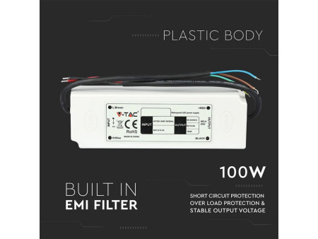 SKU 3251 VT-22105 V-TAC Alimentatore in Plastica 100W 12V 8A con 1 Uscita e Cavi a Saldare Colore Bianco 166x43x33mm IP67
