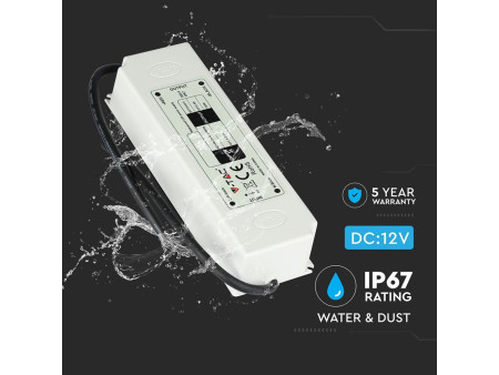 SKU 3252 VT-22065 V-TAC Alimentatore in Plastica 60W 12V 5A con 1 Uscita e Cavi a Saldare Colore Bianco 166x43x33mm IP67