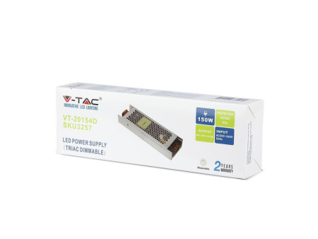 SKU 3257 VT-20154D V-TAC Alimentatore Slim Metallo 150W 12V 12.5A Morsetti Vite 2 Uscite 199x42x55mm IP20 TRIAC Dimmerabile