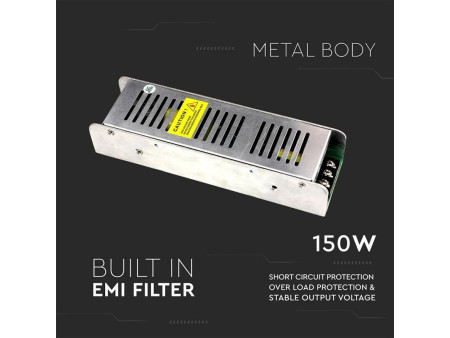 SKU 3257 VT-20154D V-TAC Alimentatore Slim Metallo 150W 12V 12.5A Morsetti Vite 2 Uscite 199x42x55mm IP20 TRIAC Dimmerabile