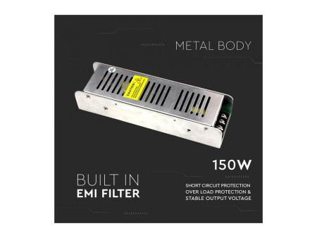 SKU 3258 VT-20155D V-TAC Alimentatore Slim in Metallo 150W 24V 6.25A Morsetti Vite 2 Uscite 199x61x31mm IP20 TRIAC Dimmerabile