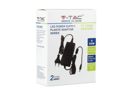 SKU 3264 VT-25060 V-TAC Alimentatore per Strip LED 60W 24V 2.5A Plug and Play con Jack 2.1 e Cavo 2.4m con Spina, Protezione EMI