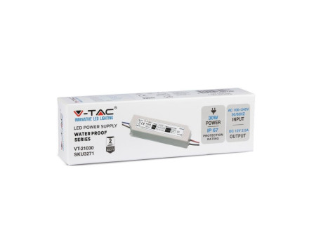 SKU 3271 VT-21030 V-TAC Alimentatore in Plastica 30W 12V 2.5A con 1 Uscita e Cavi a Saldare Colore Bianco 150x40x30mm IP67