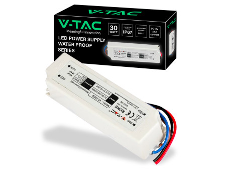 SKU 3271 VT-21030 V-TAC Alimentatore in Plastica 30W 12V 2.5A con 1 Uscita e Cavi a Saldare Colore Bianco 150x40x30mm IP67