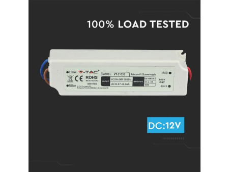 SKU 3271 VT-21030 V-TAC Alimentatore in Plastica 30W 12V 2.5A con 1 Uscita e Cavi a Saldare Colore Bianco 150x40x30mm IP67