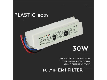 SKU 3271 VT-21030 V-TAC Alimentatore in Plastica 30W 12V 2.5A con 1 Uscita e Cavi a Saldare Colore Bianco 150x40x30mm IP67