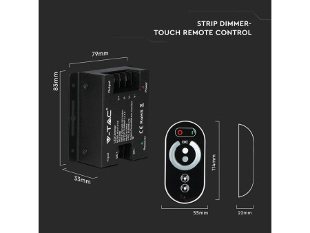 SKU 2590 VT-5115 V-TAC Controller Dimmer Wireless RF 2.4GHz per Strip LED Monocolore 1 canale 12V/24V 6A Telecomando Touch 7