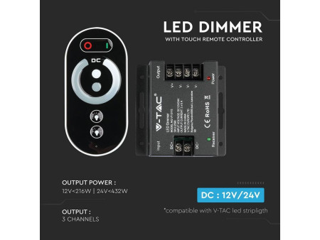 SKU 2590 VT-5115 V-TAC Controller Dimmer Wireless RF 2.4GHz per Strip LED Monocolore 1 canale 12V/24V 6A Telecomando Touch 7