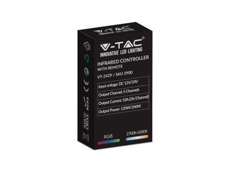 SKU 2900 VT-2429 V-TAC Controller Dimmer Smart WiFi /Infrarossi IR Strip LED RGBCCT 5 Canali 12V/24V 10A Telecomando 28 Tasti