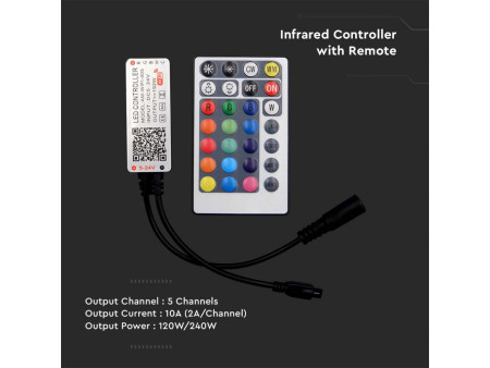 SKU 2900 VT-2429 V-TAC Controller Dimmer Smart WiFi /Infrarossi IR Strip LED RGBCCT 5 Canali 12V/24V 10A Telecomando 28 Tasti