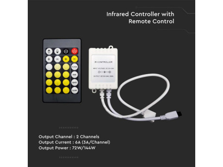 SKU 2901 VT-2425 V-TAC Controller Dimmer Infrarossi IR per Strip LED CCT 2 Canali 12V/24V 6A con Telecomando 24 Tasti