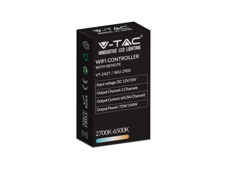SKU 2902 VT-2427 V-TAC Controller Dimmer Smart WiFi /Infrarossi IR Strip LED CCT 2 Canali 12V/24V 6A Telecomando 12 Tasti