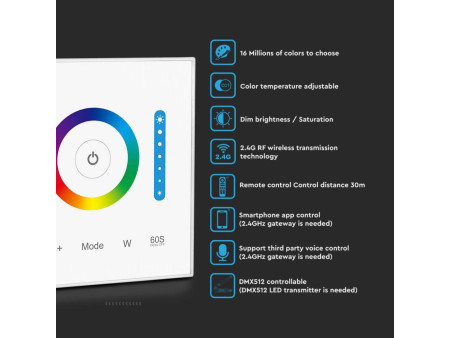 SKU 2915 VT-2433 V-TAC Controller Dimmer Wireless RF 2.4GHz Strip LED RGB/RGBW/RGBCCT 5 Canali 12V/24V 10A da Parete
