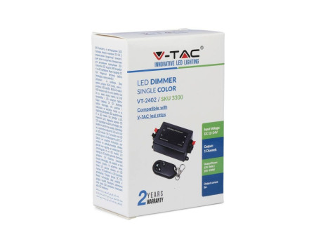 SKU 3300 VT-4083 V-TAC Controller Dimmer Wireless RF 2.4GHz per Strip LED Monocolore 1 Canale 12V/24V 8A con Telecomando 3 Tasti