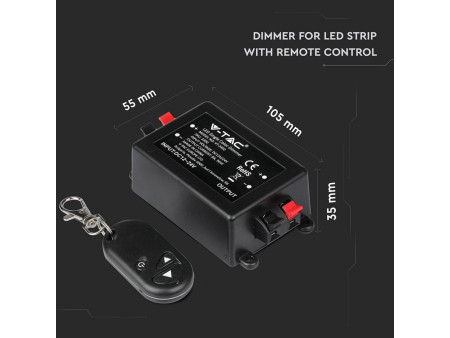 SKU 3300 VT-4083 V-TAC Controller Dimmer Wireless RF 2.4GHz per Strip LED Monocolore 1 Canale 12V/24V 8A con Telecomando 3 Tasti