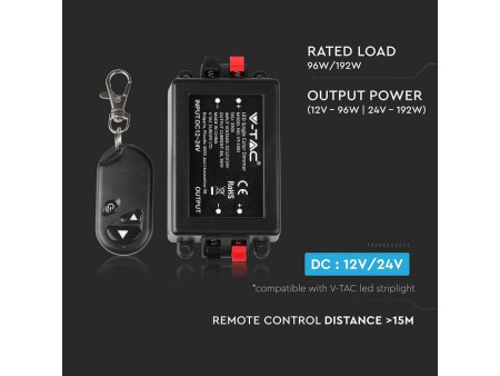 SKU 3300 VT-4083 V-TAC Controller Dimmer Wireless RF 2.4GHz per Strip LED Monocolore 1 Canale 12V/24V 8A con Telecomando 3 Tasti