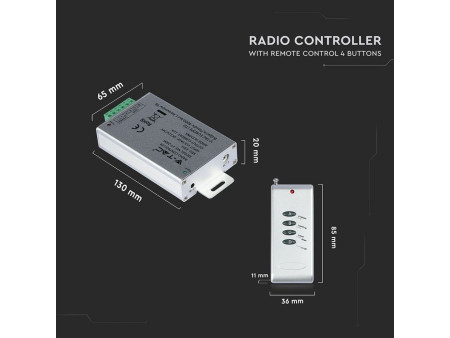 SKU 3303 VT-4083 V-TAC Controller Dimmer Wireless RF 2.4GHz per Strip LED RGB 3 Canali 12V/24V 12A con Telecomando 4 Tasti