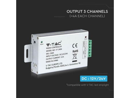 SKU 3303 VT-4083 V-TAC Controller Dimmer Wireless RF 2.4GHz per Strip LED RGB 3 Canali 12V/24V 12A con Telecomando 4 Tasti