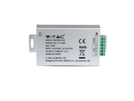 SKU 3303 VT-4083 V-TAC Controller Dimmer Wireless RF 2.4GHz per Strip LED RGB 3 Canali 12V/24V 12A con Telecomando 4 Tasti