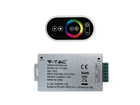 SKU 3312 VT-2405 V-TAC Controller Dimmer Wireless RF 2.4GHz per Strip LED RGB 3 CanalI 12V/24V 12A con Telecomando Touch 7 tasti