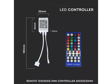 SKU 3326 V-TAC Controller Dimmer Infrarossi IR per Strip LED RGBW 4 Canali 12V/24V 8A con Telecomando 40 Tasti