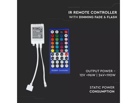 SKU 3326 V-TAC Controller Dimmer Infrarossi IR per Strip LED RGBW 4 Canali 12V/24V 8A con Telecomando 40 Tasti