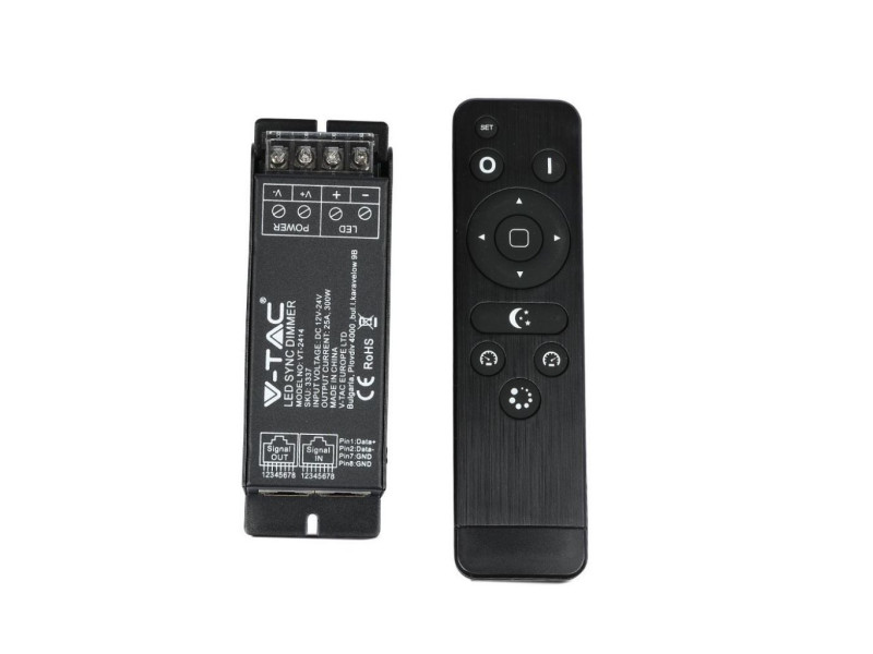 SKU 3337 VT-2414 V-TAC Controller Dimmer Wireless RF 2.4GHz Strip LED Monocolore 1 Canale 12V/24V 25A Sync RJ45 con Telecomando