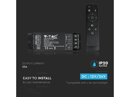 SKU 3337 VT-2414 V-TAC Controller Dimmer Wireless RF 2.4GHz Strip LED Monocolore 1 Canale 12V/24V 25A Sync RJ45 con Telecomando