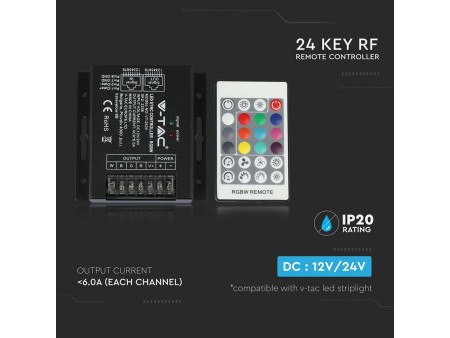 SKU 3338 VT-2424 V-TAC Controller Dimmer Wireless RF 2.4GHz Strip LED RGBW 4 Canali 12V/24V 24A Sync RJ45 Telecomando 24 Tasti