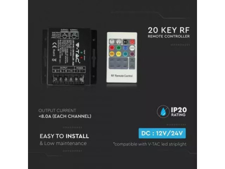 SKU 3339 VT-2420 V-TAC Controller Dimmer Wireless RF 2.4GHz Strip LED RGB 3 Canali 12V/24V 24A Sync RJ45 Telecomando 20 Tasti