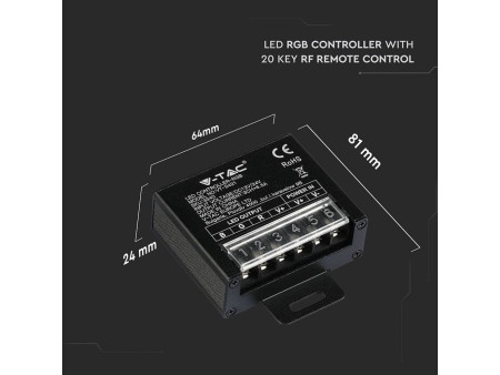 SKU 3340 VT-2421 V-TAC Controller Dimmer Wireless RF 2.4GHz per Strip LED RGB 3 CanalI 12V/24V 19,5A con Telecomando 20 tasti