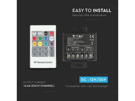SKU 3340 VT-2421 V-TAC Controller Dimmer Wireless RF 2.4GHz per Strip LED RGB 3 CanalI 12V/24V 19,5A con Telecomando 20 tasti