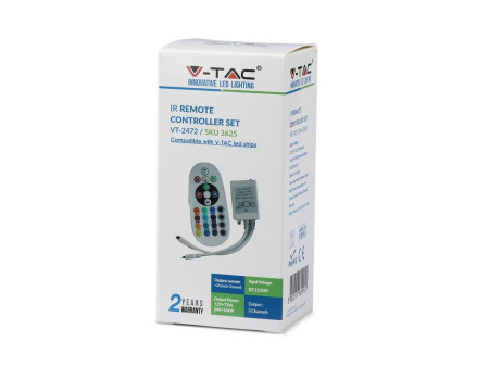SKU 3625 VT-2472 V-TAC Controller Dimmer Infrarossi IR per Strip LED RGB 3 Canali 12V/24V 6A con Telecomando 24 Tasti