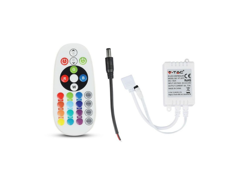 SKU 3625 VT-2472 V-TAC Controller Dimmer Infrarossi IR per Strip LED RGB 3 Canali 12V/24V 6A con Telecomando 24 Tasti