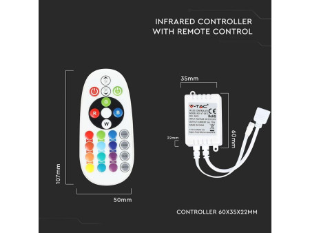 SKU 3625 VT-2472 V-TAC Controller Dimmer Infrarossi IR per Strip LED RGB 3 Canali 12V/24V 6A con Telecomando 24 Tasti